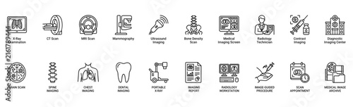 Картината върху платно Medical imaging line icon set with X-ray, MRI scan, CT scan and radiology equipm