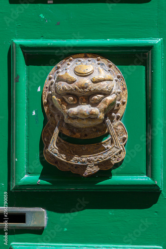 An ornate brass lion-head door knocker stands out against a bright green wooden door with a letterbox slot