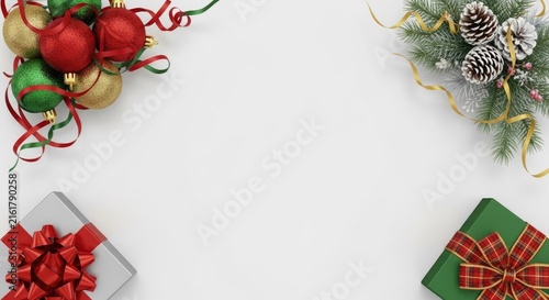 Christmas flat lay with gifts and ornaments.