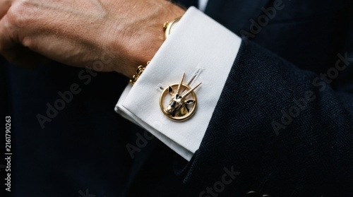 Circular gold antelope cufflink on formal white shirt