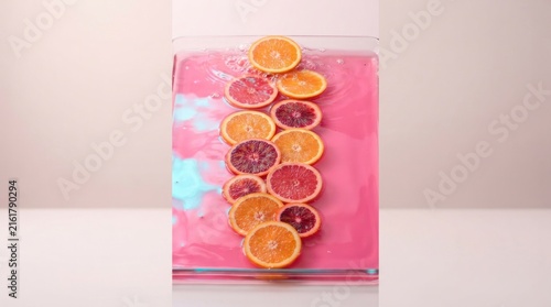Citrus slices arranged vertically on pink background.
