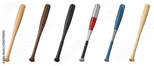 Six different baseball bats in a row, a collection of wooden and aluminum sporting equipment with various colors and designs for professional league games