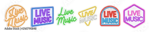 Collection of colorful live music neon signs in various shapes and fonts, featuring vibrant glowing letters for entertainment, concert, and nightlife advertising concepts