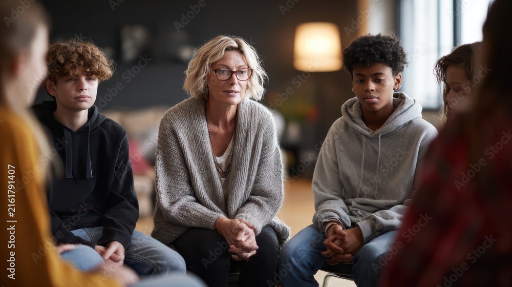 Obraz premium A compassionate middle-aged female therapist sitting in a circle with five diverse teenagers in a cozy office, she is leaning forward listening intently