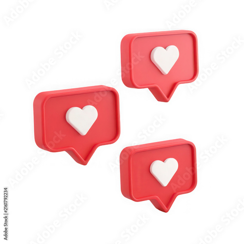 Three 3D red notification like icons with white hearts isolated on a transparent background
