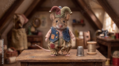 Whimsical Mouse Tailor: A charming, anthropomorphic mouse, dressed in a jester-inspired outfit, stands proudly in a vintage tailor's workshop, surrounded by spools of thread and sewing notions.