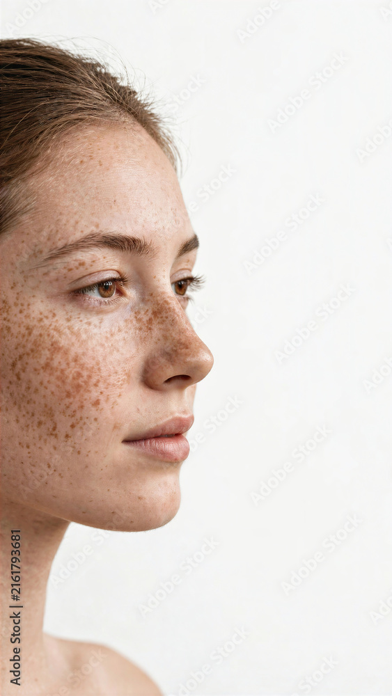 Fototapeta premium Freckled woman profile portrait with copy space