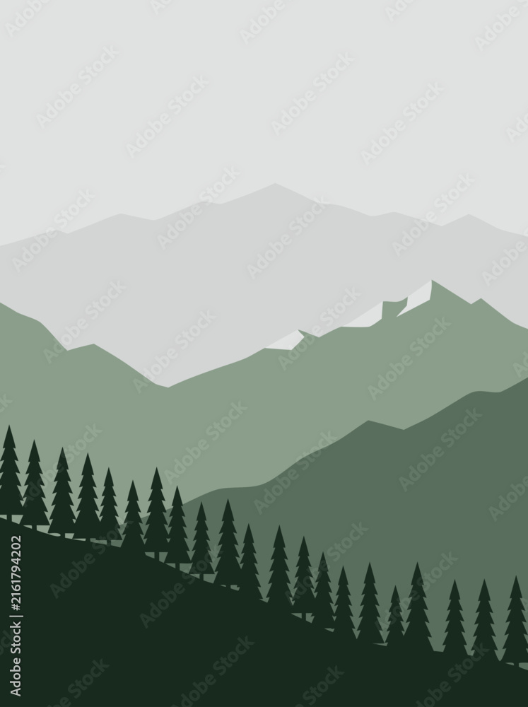 Fototapeta premium Minimalist Flat Illustration of a Scenic Mountain Range and Conifer Forest Landscape for Nature Conservation Projects and Outdoor Travel Branding