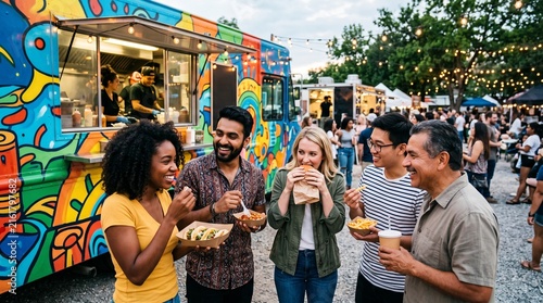 Food Truck Fiesta: A vibrant outdoor gathering of diverse friends enjoying delicious street food from colorful, art-adorned food trucks under a string of festive lights.