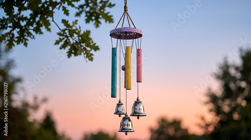Wind chimes hanging from a tree branch at sunset