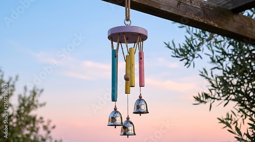 Colorful wind chimes hanging outdoors at sunset