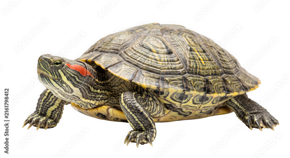 Obraz premium Close-up red-eared slider turtle walking on white background for pet or wildlife concept