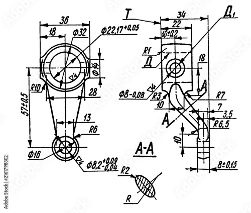 Car handle.
Engineering automotive mechanical drawing of steel 
device. Industrial cad scheme on white paper sheet. 
Technology design of machine building industry. 
Machined template.