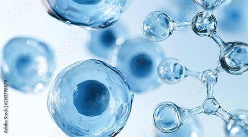Microscopic view of translucent blue cells and molecular structure
