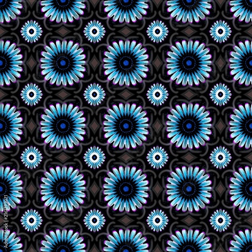 Seamless mandala pattern featuring blue flower starburst motifs with neon purple accents on a dark background.