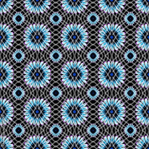 Seamless mandala pattern featuring blue floral wheels overlaying a translucent lattice grid on a dark background.
