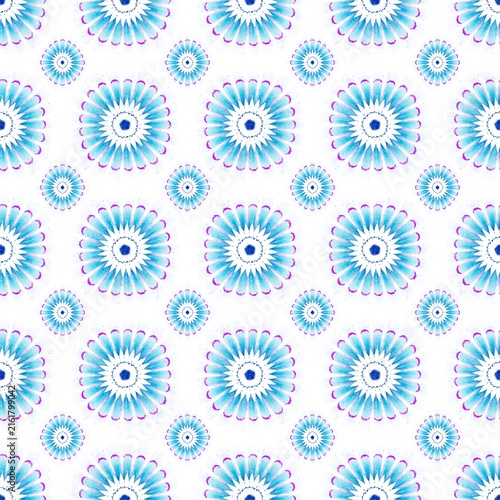 Seamless mandala pattern featuring cyan floral wheels and purple accents on a clean white background.