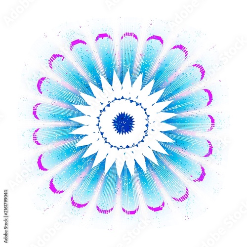 Abstract flower mandala with white center silhouette, cyan blue petals, and magenta accents on isolated white background.