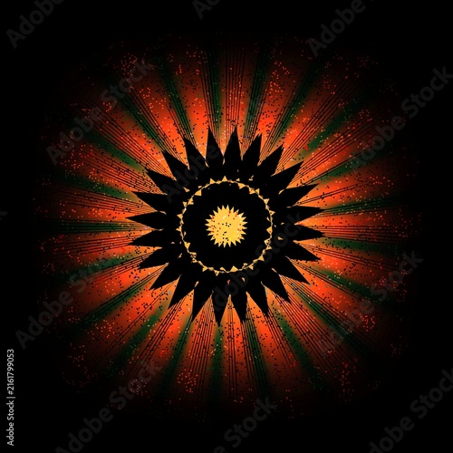 Abstract black mandala silhouette with glowing orange starburst and cosmic particle rays on dark background.