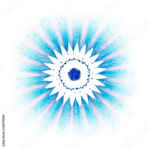 Abstract white mandala silhouette with cyan blue sunburst rays and sparkling particle dust on isolated white background.