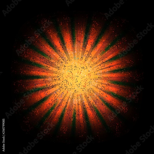 Abstract cosmic big bang explosion with glowing orange sunburst rays, green shade accents, and colorful particle dust on dark background.