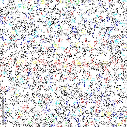 Abstract colorful stipple noise pattern with fine black particles and multicolor dots on a white background.