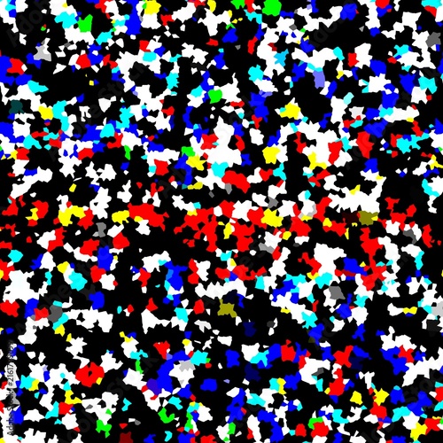 Abstract colorful mosaic confetti pattern with irregular geometric shapes on a black background.