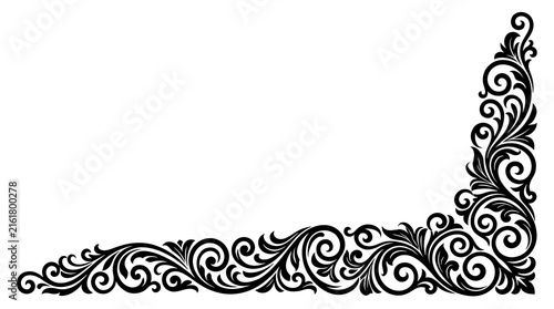 Quadro su tela Ornate black corner flourish with swirling decorative elements on a white background