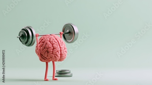 A pink, anthropomorphic brain lifts a barbell, symbolizing mental strength
