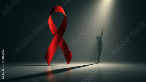 Red Ribbon and Human Shadow Symbolizing HIV/AIDS Awareness and Solidarity