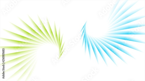 Abstract blue and green spiral light rays forming dynamic radial pattern on white background. Modern futuristic luminous motion design. Seamless loop. Video animation Ultra HD 4K 3840x2160