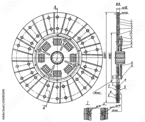Clutch disc of car wheel.
Engineering automotive mechanical drawing of steel 
device. Industrial cad scheme on white paper sheet. 
Technology design of machine building industry. 
Machined template.