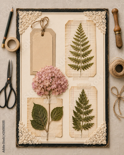 A working  botanical scrapbook with pressed flowers and craft supplies