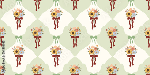 Coquette seamless pattern with hand drawn flowers and bow. Cottagecore coquette trendy print in fall colors. Perfect for textile, wrapping paper, decor, fabric.
