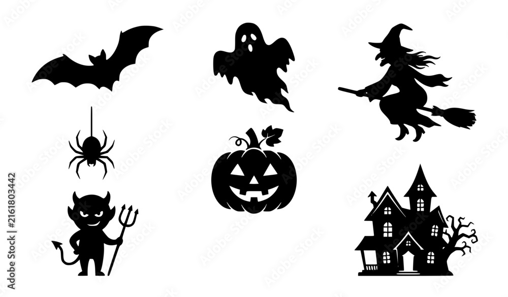 Fototapeta premium Classic Halloween Black Silhouette Icon Set with Bat Ghost Witch Spider Pumpkin and House