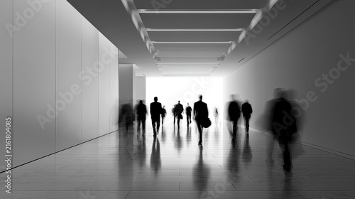 Blurry figures walk down a bright, minimalist, modern hallway