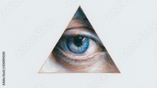 Mystical All-Seeing Eye in Pyramid Inside Triangle on White Background