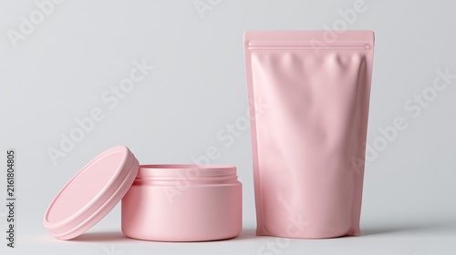 Luxurious Pink Cosmetic Packaging Mockup with Jar and Stand-Up Pouch