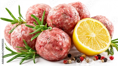 Delicious Raw Meatballs with Lemon, Rosemary, Salt, and Pepper Isolated on White Background