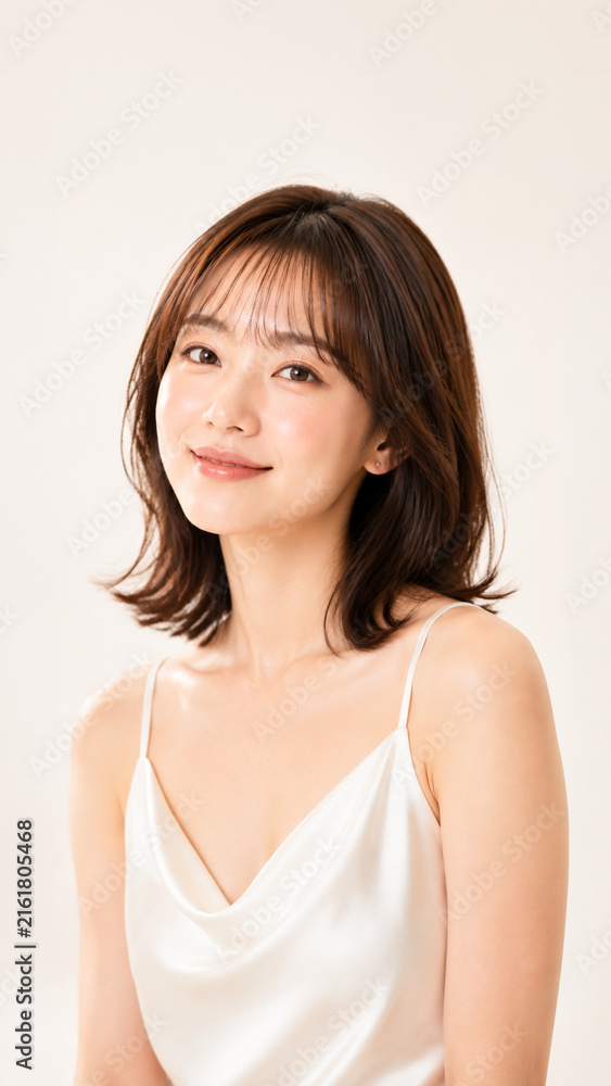 Fototapeta premium 白いキャミソールで微笑むミディアムヘアの女性、透明感のある美容ポートレート