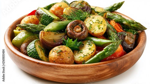 Delicious Roasted Mixed Vegetables in Wooden Bowl with Fresh Herbs and Asparagus