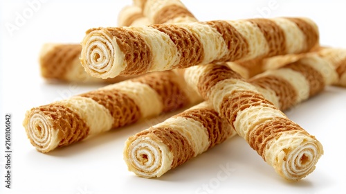 Delicious Striped Rolled Wafer Sticks with Vanilla Cream Pattern Isolated