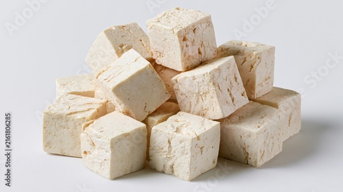 Soft Colours Tofu Cubes on White Background - Photorealistic Image