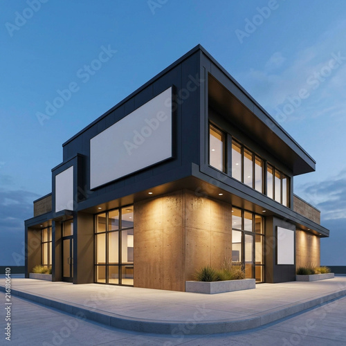 Modern Showroom Building with Large Outdoor Billboard Mockup