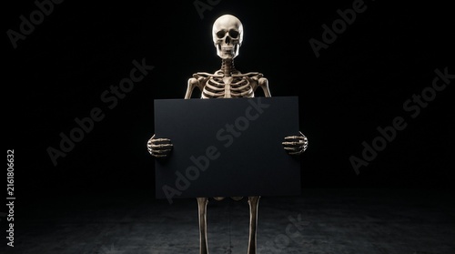 Skeleton holding black empty card on black background mockup for Halloween card