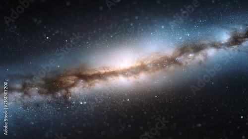 Milky Way galaxy view across outer space. Glowing cosmic core with star fields and interstellar dust band. Macro depth of field effect.