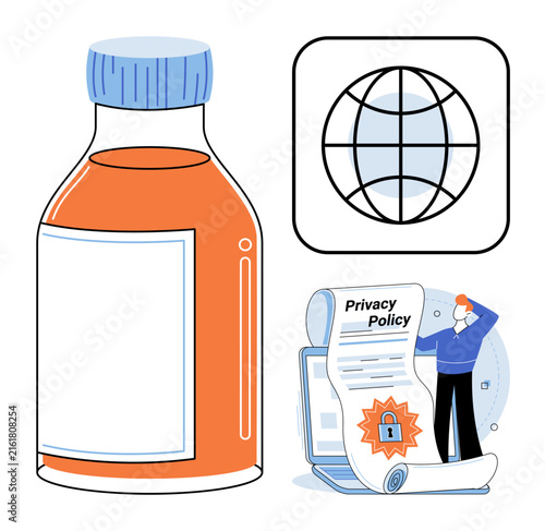 Medicine bottle and privacy policy document vector illustration. Healthcare, data protection, digital security, pharmaceutical regulation, patient confidentiality, online compliance. Prescription