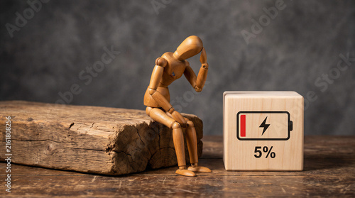 Wooden mannequin beside five percent low battery symbol, illustrating extreme fatigue, depleted energy, burnout, exhaustion, low motivation, emotional drain and urgent need for recovery.