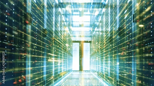 Network and data servers behind glass panels in a server room of a data center or ISP. Forward Dolly Shot with digital code flythrough overlay.
