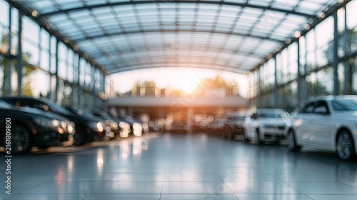 Sunlit showroom floor with rows of blurred vehicles